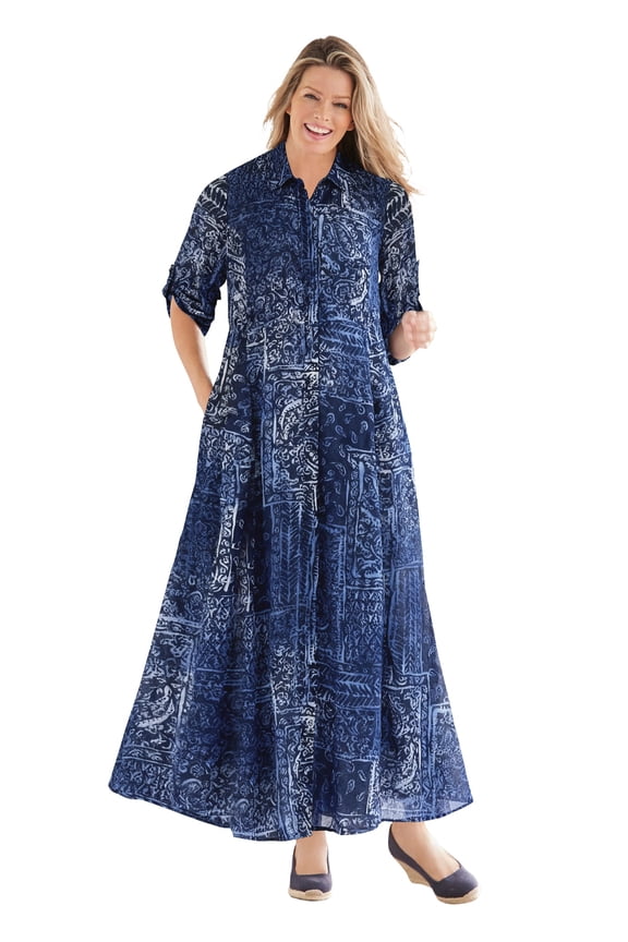 Plus Size Roll-Tab Sleeve Crinkle Shirtdress