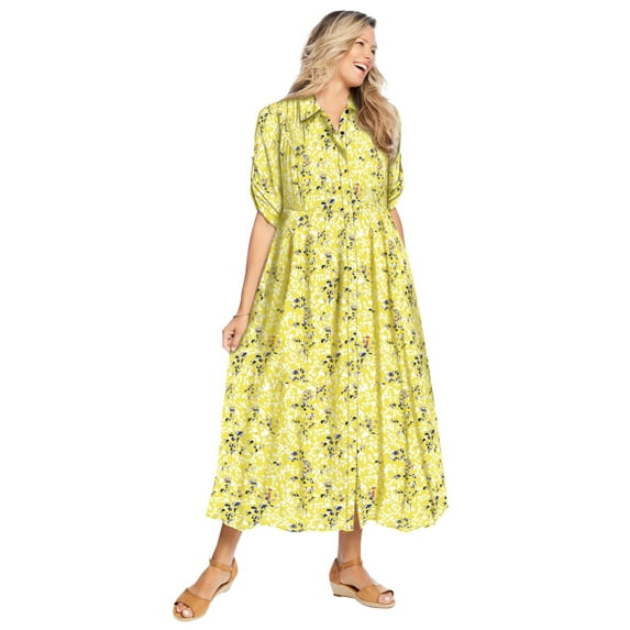 Woman Within Plus Size Petite Roll-Tab Sleeve Crinkle Shirtdress