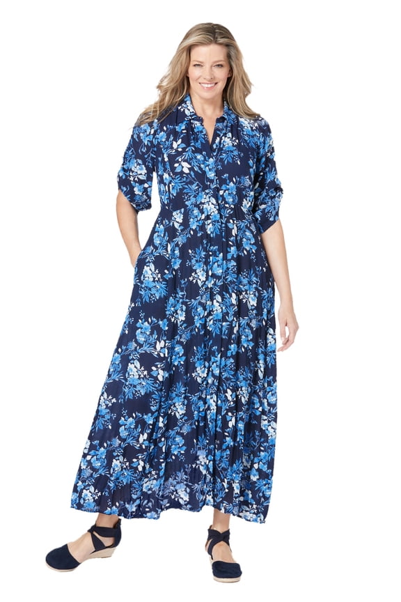 Plus Size Roll-Tab Sleeve Crinkle Shirtdress