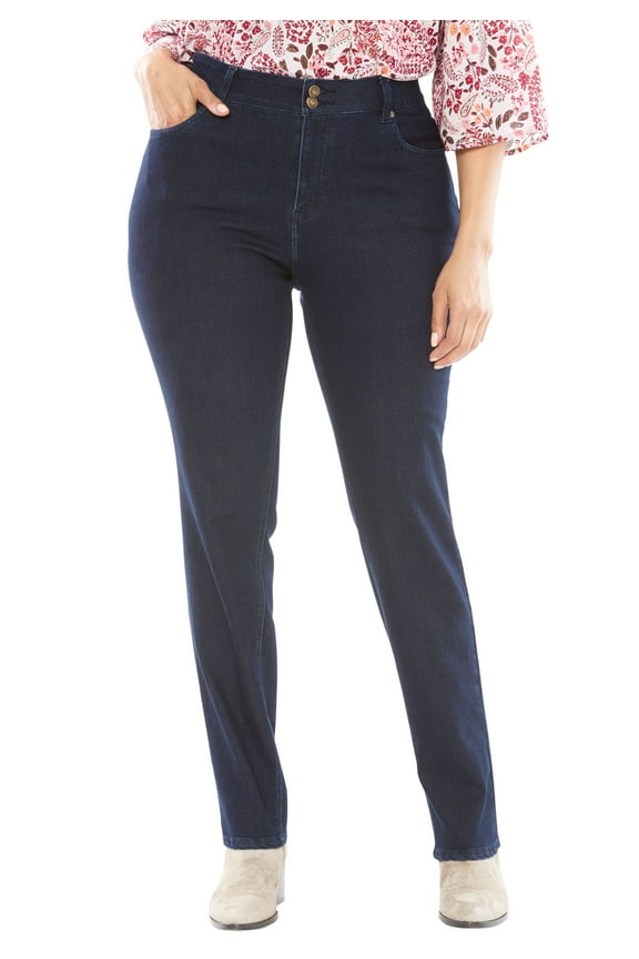 Plus Size Petite Stretch Built-In Slimming Panel Straight Leg Jeans
