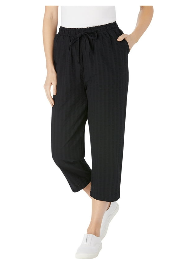 Plus Size Seersucker Pull-On Elastic-Waist Capri Pants