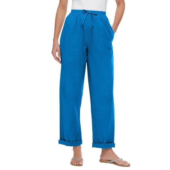 Woman Within Plus Size Petite Seersucker Pull-On Elastic-Waist Pants