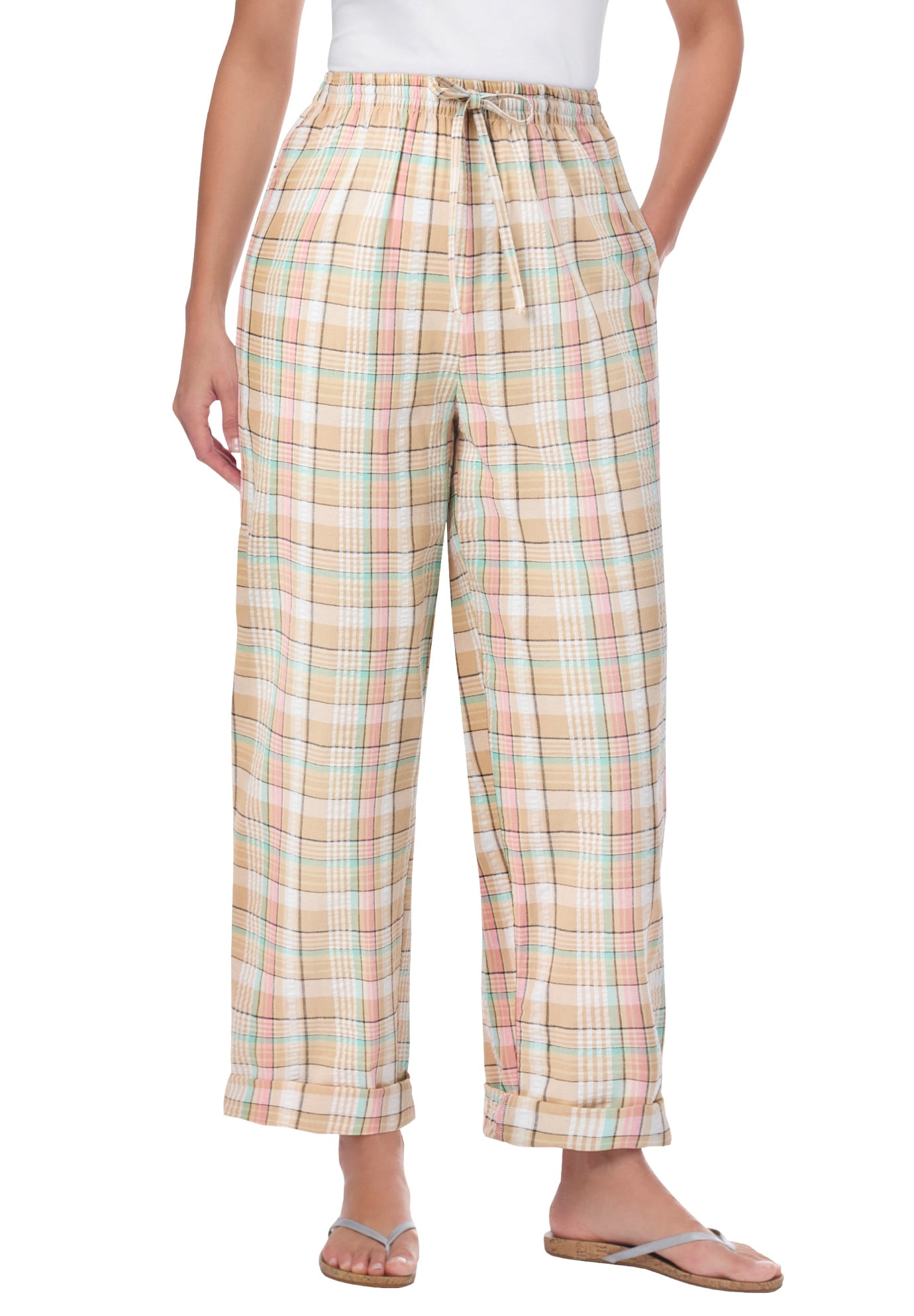Woman Within Plus Size Petite Seersucker Pull-On Elastic-Waist Pants