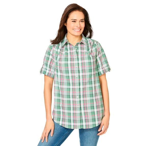 Woman Within Plus Size Petite Short-Sleeve Button Down Seersucker Shirt