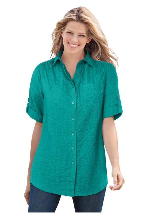 Plus Size Short-Sleeve Button Down Seersucker Shirt