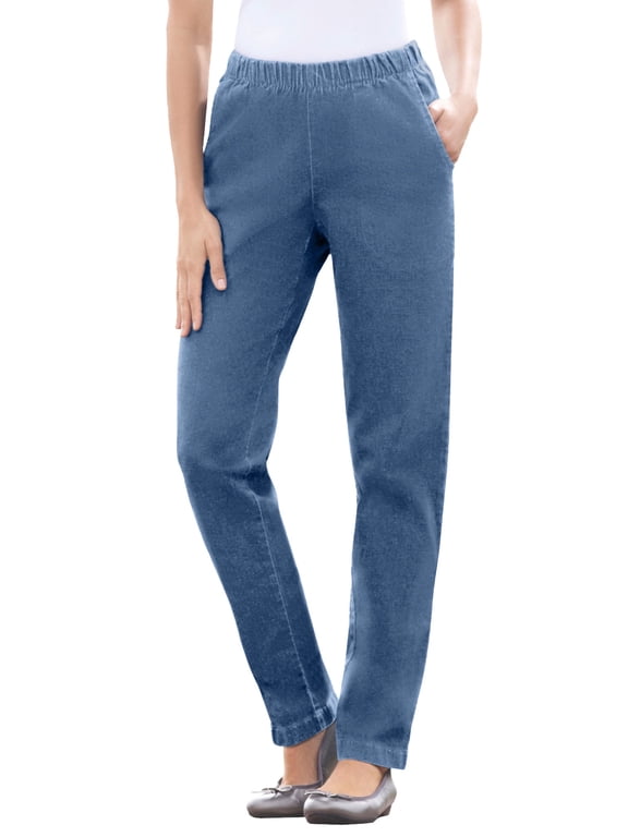 Plus Size Petite Fineline Pull-On Elastic Waist Straight-Leg Stretch Denim Jeans
