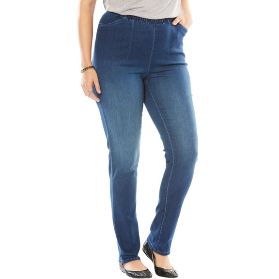 Woman Within Plus Size Straight Leg Elastic Waist Stretch Fineline Denim Jean (Petite & Tall Available)