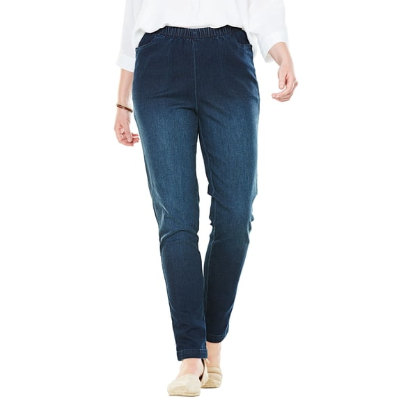 Woman Within Plus Size Petite Straight Leg Fineline Pull-On Stretch Denim Jeans
