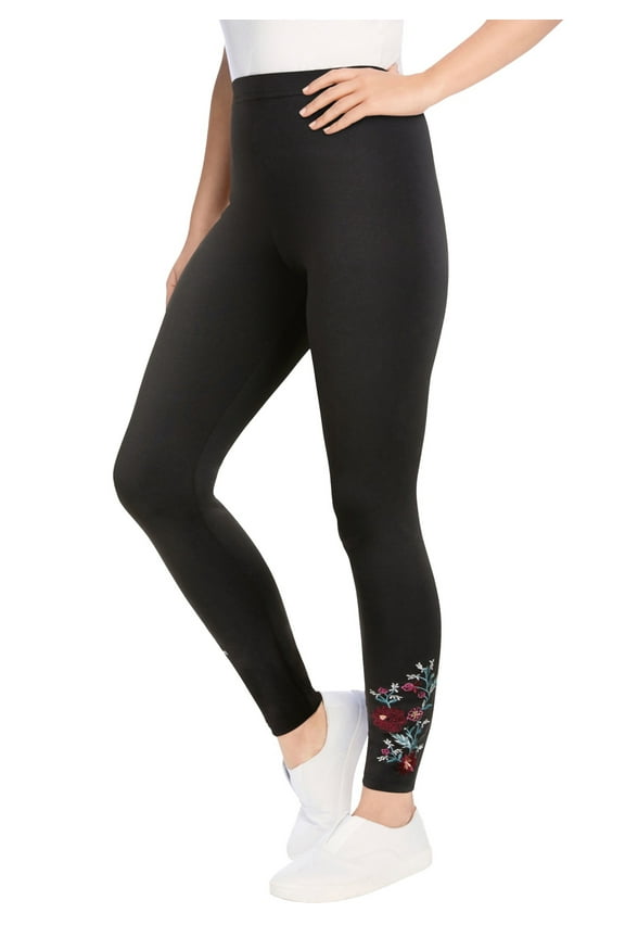 Plus Size Petite Stretch-Cotton Knit Pull-On Embroidered Leggings