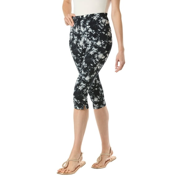 Woman Within Plus Size Petite Stretch-Cotton Knit Pull-On Printed Capri Leggings