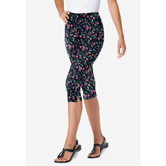 Woman Within Plus Size Petite Stretch-Cotton Knit Pull-On Printed Capri Leggings