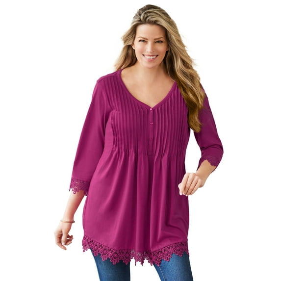 Woman Within Plus Size Pintuck Henley Crochet Trim Tunic