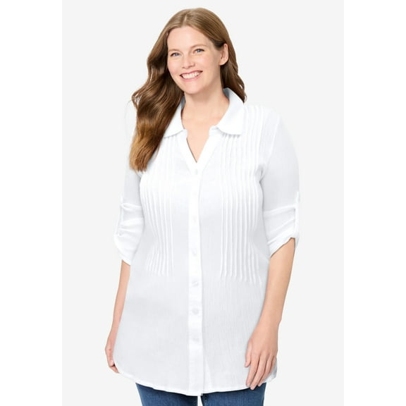 Woman Within Plus Size Pintucked Button Down Gauze Shirt