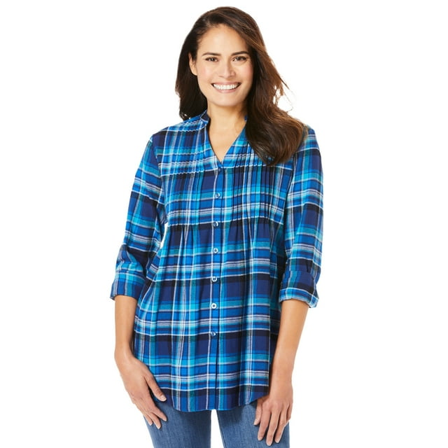 Woman Within Women's Plus Size Pintucked Flannel Shirt Shirt - Walmart.com
