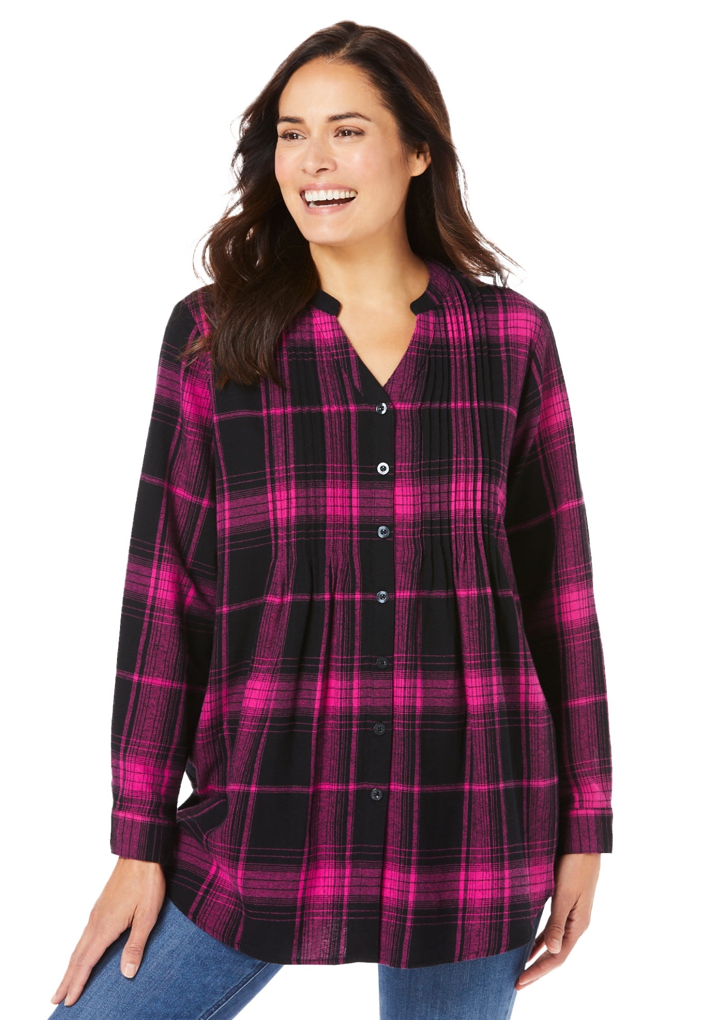 Woman Within Women's Plus Size Pintucked Flannel Shirt Shirt - Walmart.com