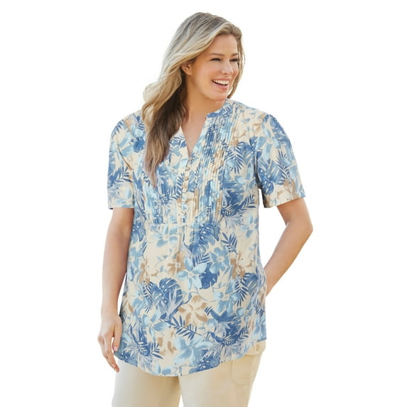 Woman Within Plus Size Pintucked Half-Button Tunic