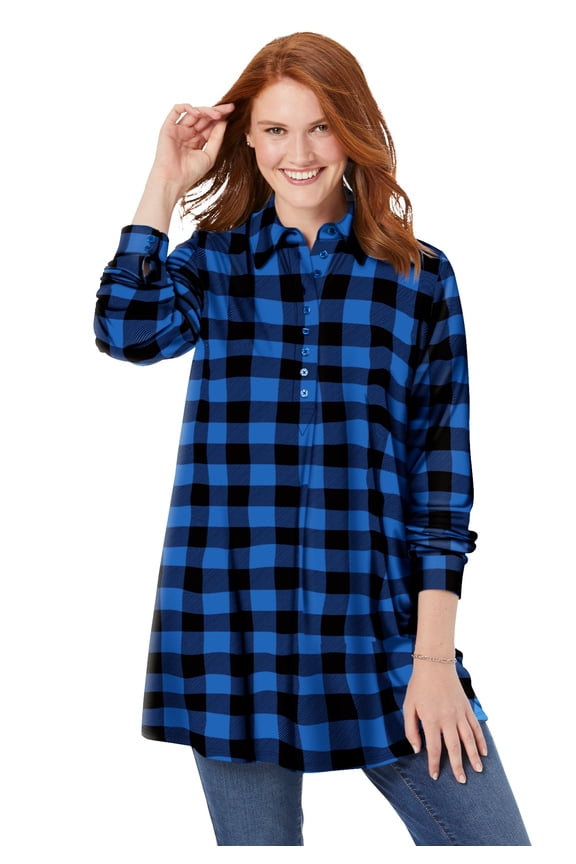 Plus Size Plaid Knit Tunic With Collar