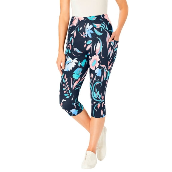 Woman Within Plus Size Stretch-Cotton Knit Pull-On Pocket Capri Leggings