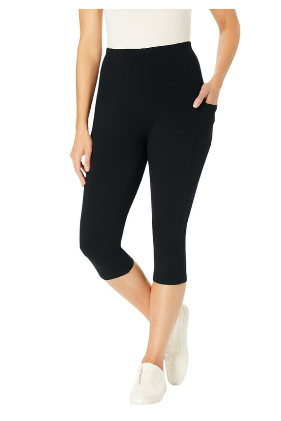 Plus Size Stretch-Cotton Knit Pull-On Pocket Capri Leggings