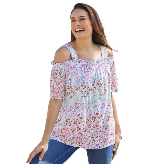 Woman Within Plus Size Printed Cold-Shoulder Blouse