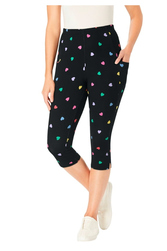 Plus Size Stretch-Cotton Knit Pull-On Printed Pocket Capri Leggings