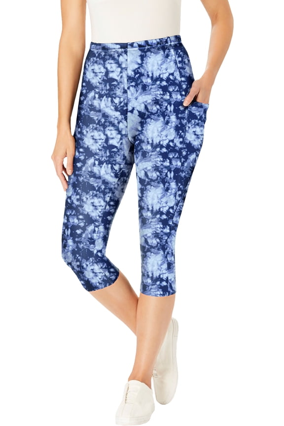Plus Size Petite Stretch-Cotton Knit Pull-On Printed Pocket Capri Leggings