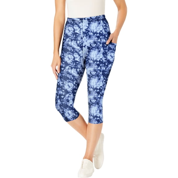 Woman Within Plus Size Petite Stretch-Cotton Knit Pull-On Printed Pocket Capri Leggings