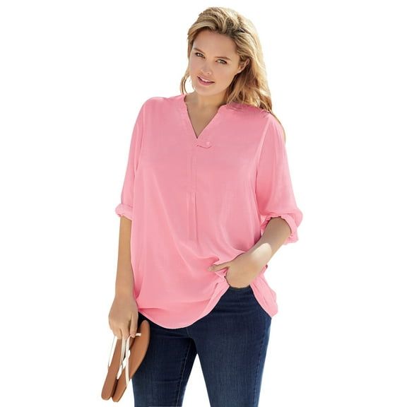 Woman Within Plus Size Rayon Three-Quarter Sleeve Effortless Tab-Front Blouse