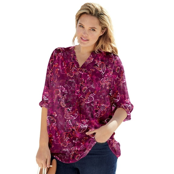 Woman Within Plus Size Rayon Three-Quarter Sleeve Effortless Tab-Front Blouse