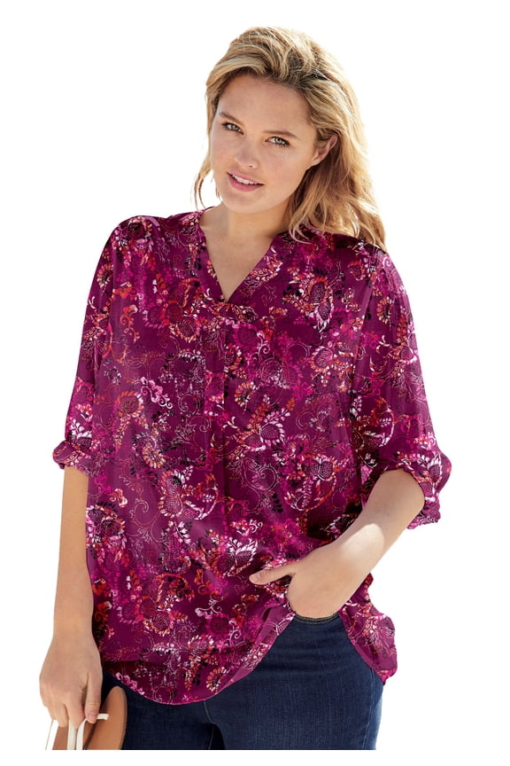 Plus Size Rayon Three-Quarter Sleeve Effortless Tab-Front Blouse