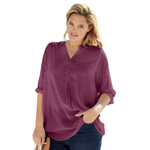 Woman Within Plus Size Rayon Three-Quarter Sleeve Effortless Tab-Front Blouse
