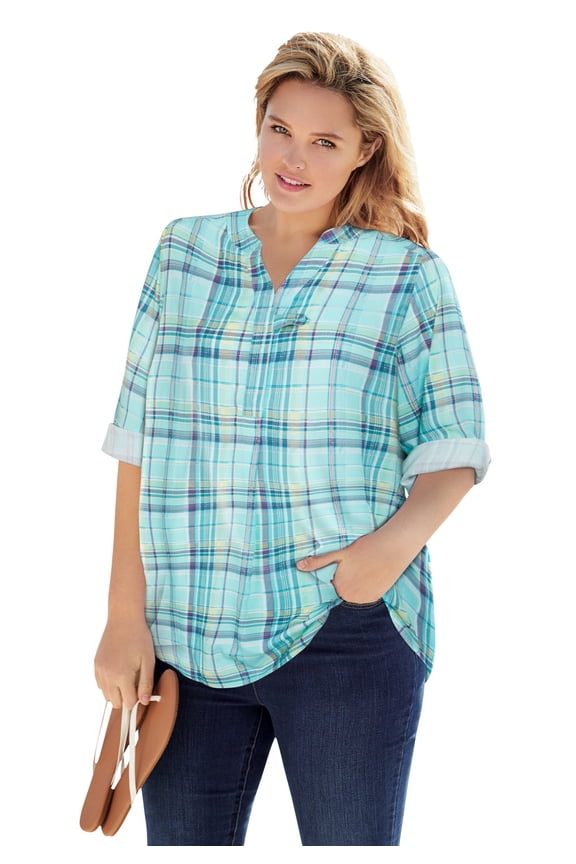 Plus Size Rayon Three-Quarter Sleeve Effortless Tab-Front Blouse