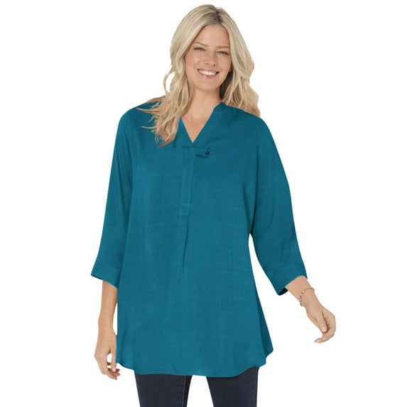 Woman Within Plus Size Rayon Three-Quarter Sleeve Effortless Tab-Front Blouse