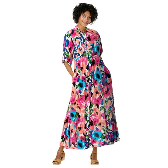 Woman Within Plus Size Roll-Tab Sleeve Crinkle Shirtdress