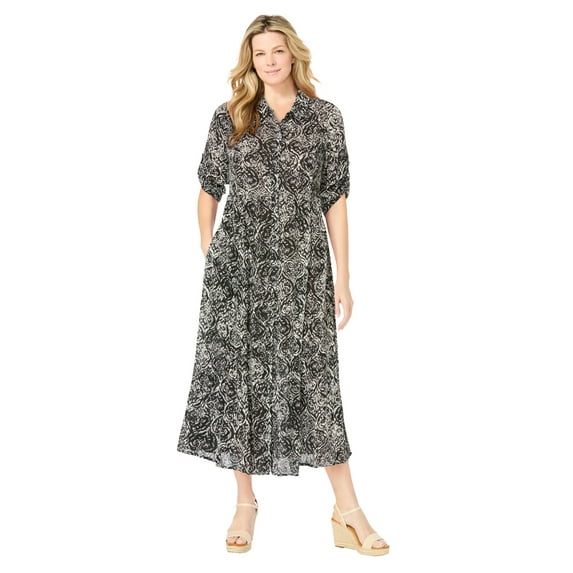 Woman Within Plus Size Roll-Tab Sleeve Crinkle Shirtdress