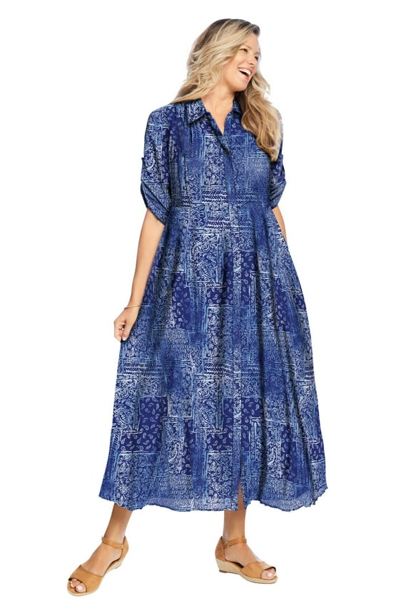 Plus Size Roll-Tab Sleeve Crinkle Shirtdress