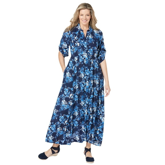 Woman Within Plus Size Roll-Tab Sleeve Crinkle Shirtdress