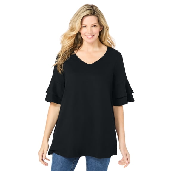 Woman Within Plus Size Ruffled Elbow-Sleeve Tunic