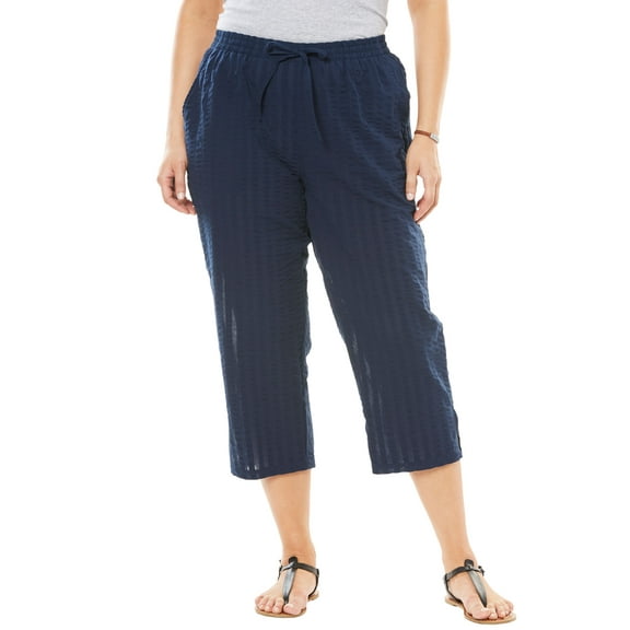 Woman Within Plus Size Petite Seersucker Pull-On Elastic-Waist Capri Pants