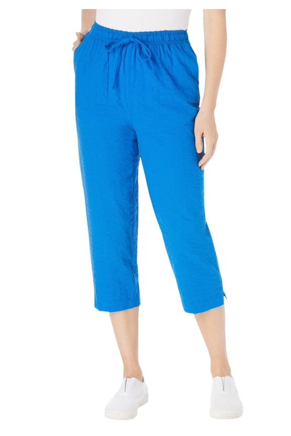 Plus Size Seersucker Pull-On Elastic-Waist Capri Pants