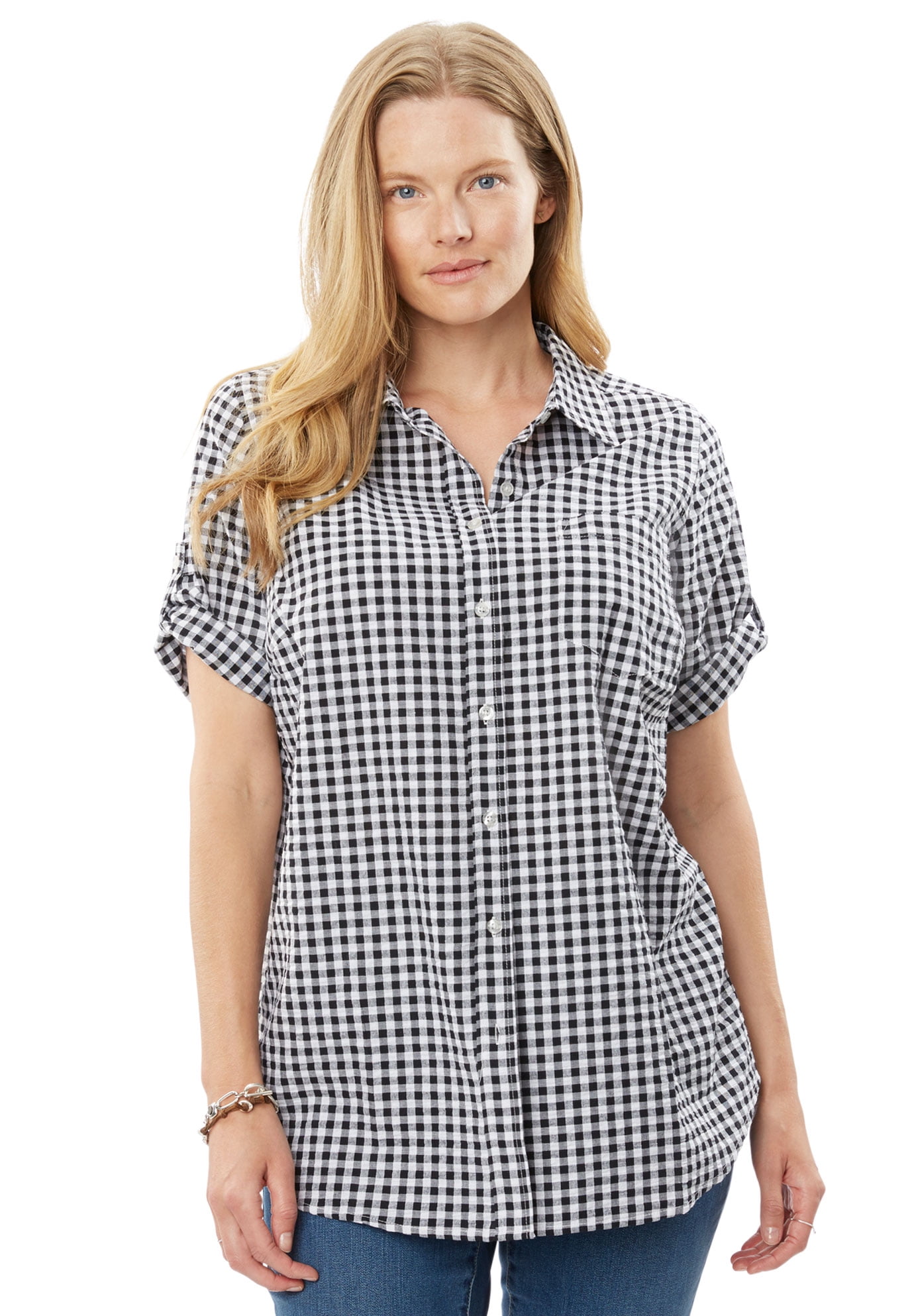 Woman Within Women's Plus Size Short-Sleeve Button Down Seersucker Shirt  Button Down Seersucker Shirt