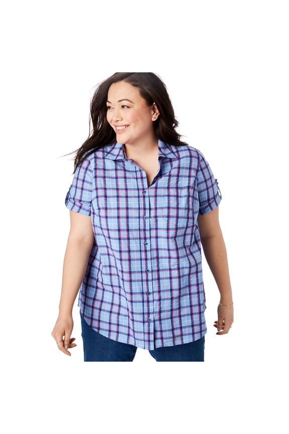 Women's Plus Size Short Sleeve Button Down Seersucker Shirt Button Down Seersucker Shirt