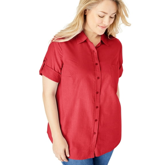 Woman Within Plus Size Short-Sleeve Button Down Seersucker Shirt