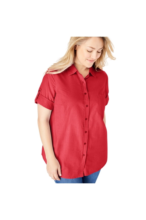 Plus Size Petite Short-Sleeve Button-Down Cotton Seersucker Shirt