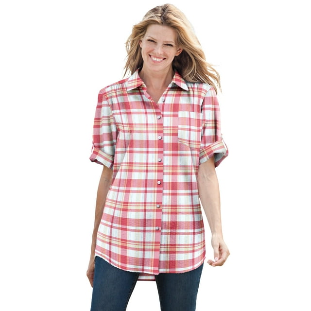 Woman Within Plus Size ShortSleeve Button Down Seersucker Shirt