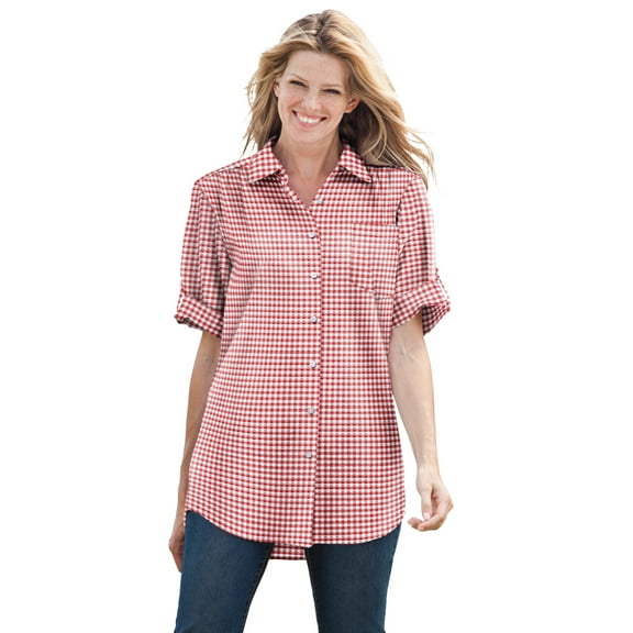 Woman Within Plus Size Petite Short-Sleeve Button Down Seersucker Shirt