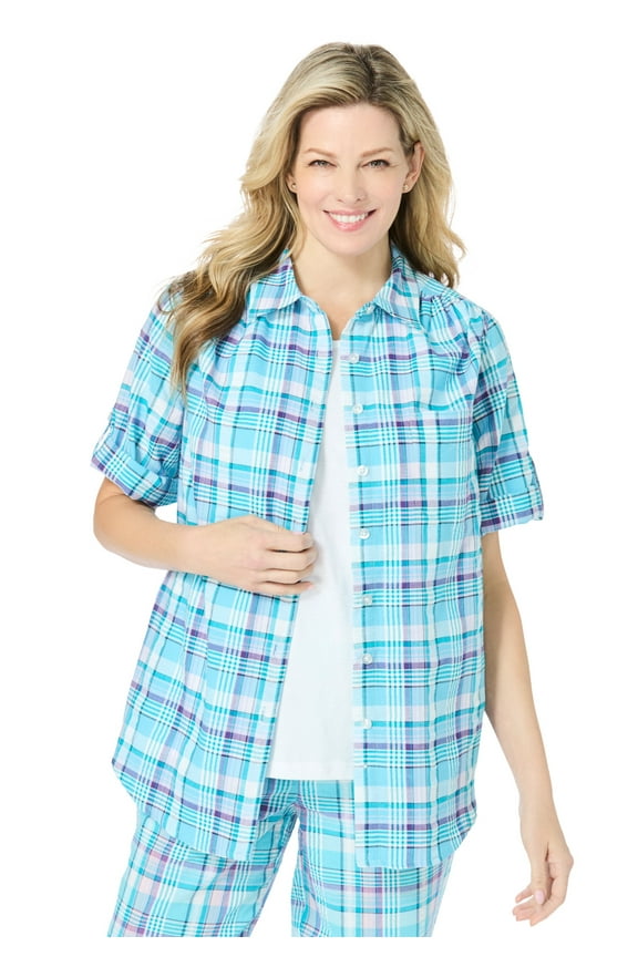 Plus Size Petite Short-Sleeve Button-Down Cotton Seersucker Shirt