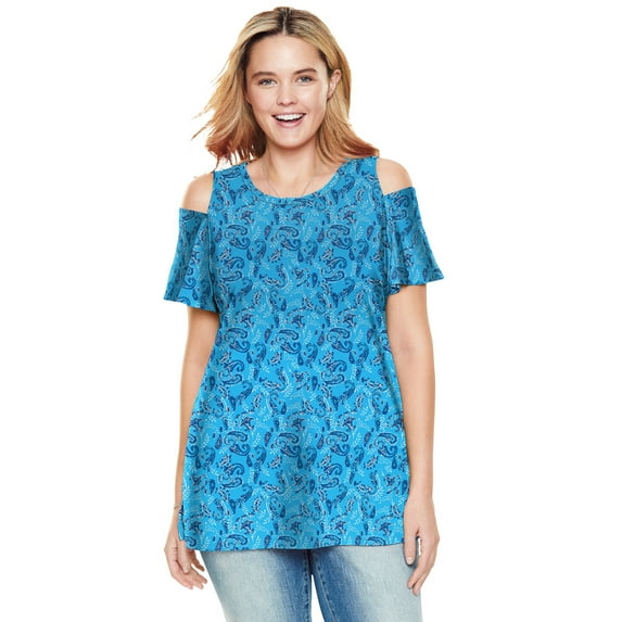 Woman Within Women's Plus Size Short-Sleeve Cold-Shoulder Tee