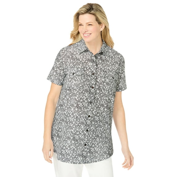 Woman Within Plus Size Short-Sleeve Cotton Campshirt