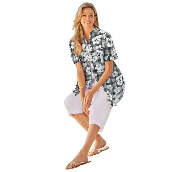 Woman Within Plus Size Short-Sleeve Cotton Campshirt